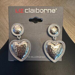Liz Claiborne Silver Tone Heart Drop Earrings NWT